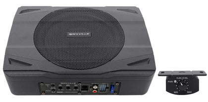 Rockville SS8P under-seat subwoofer front view delivering compact, powerful bass for cars