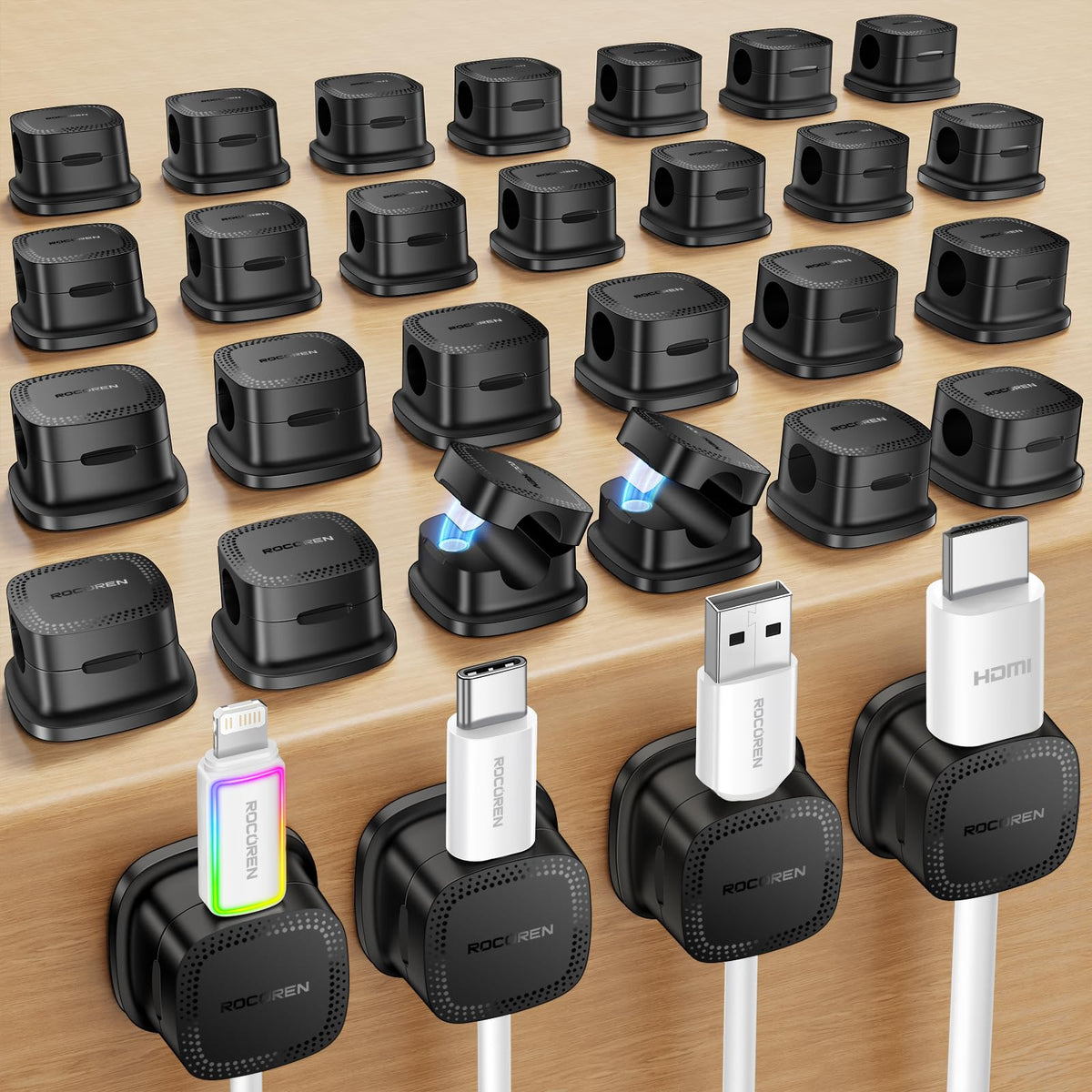 Rocoren magnetic cable clip with secure lock for tidy desk organization.