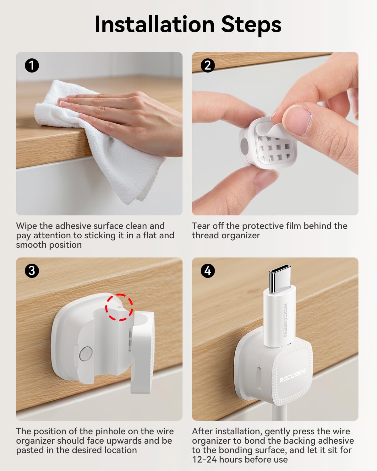Rocoren nightstand cable clip tidy bedside cords within reach.