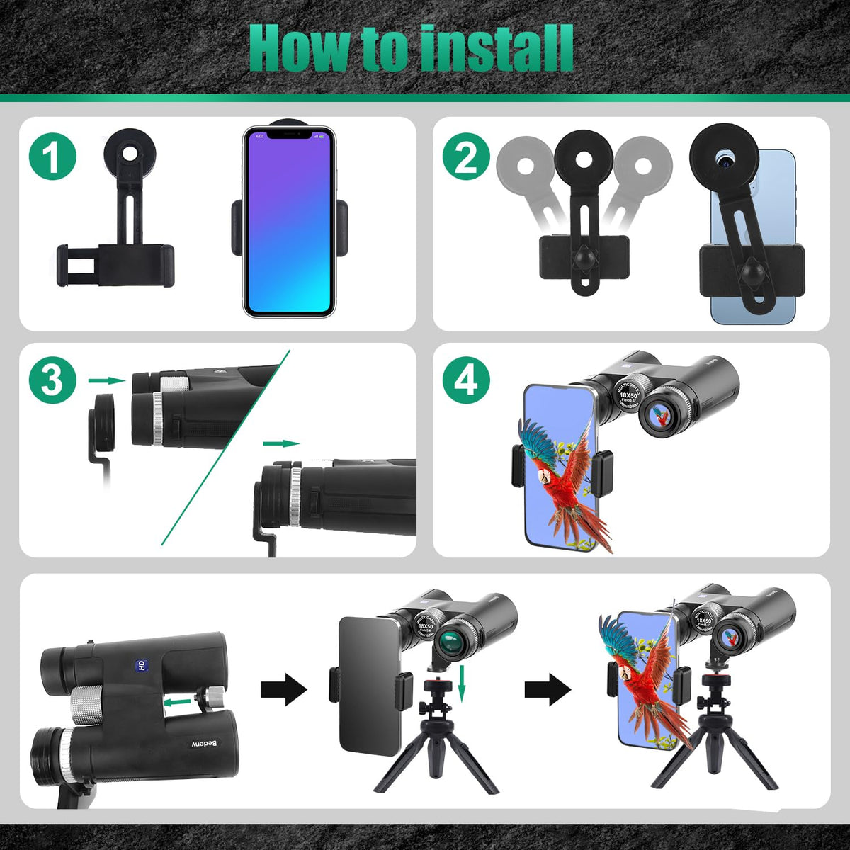 Rodcirant 18x50 binoculars phone adapter enables stable, high-clarity photos.