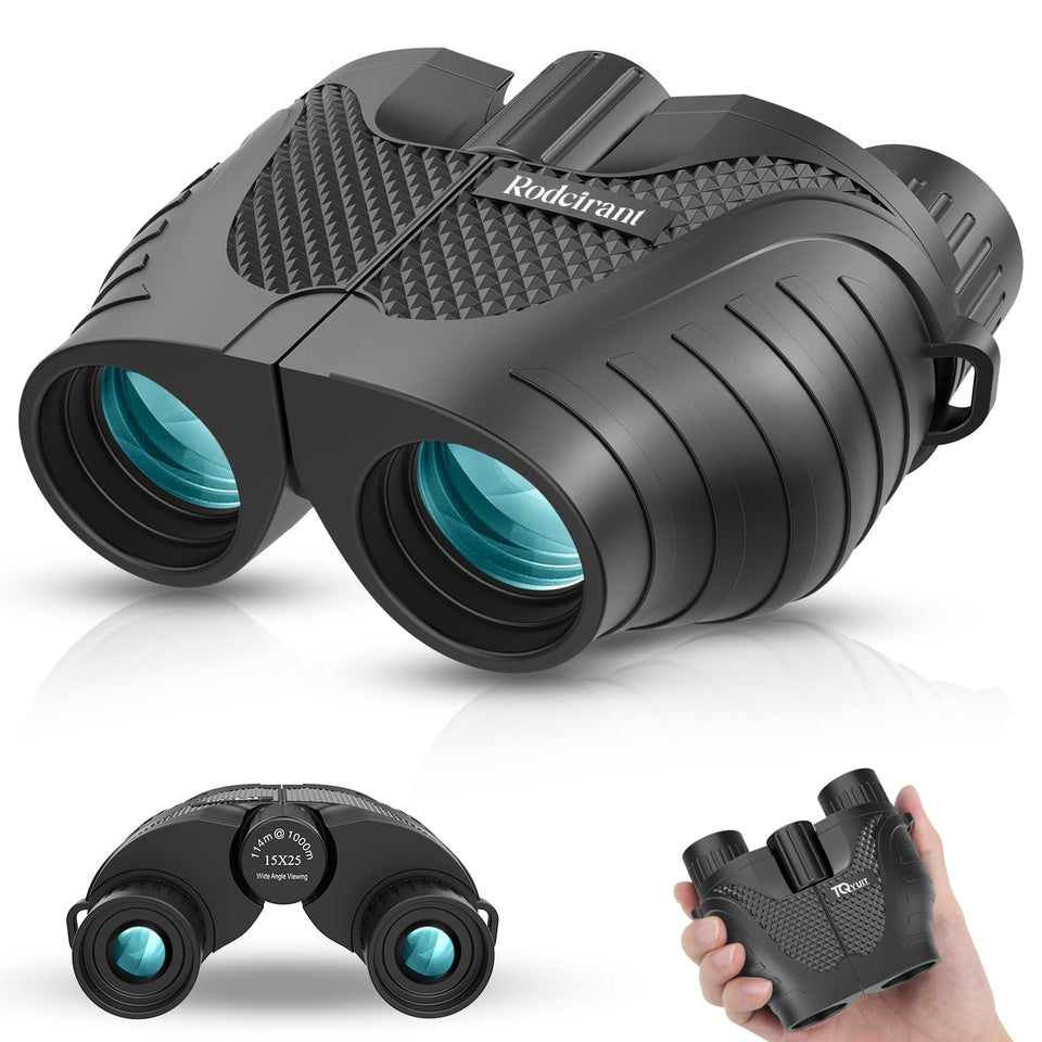 Rodcirant front view showing compact binoculars and carrying case, portable convenience