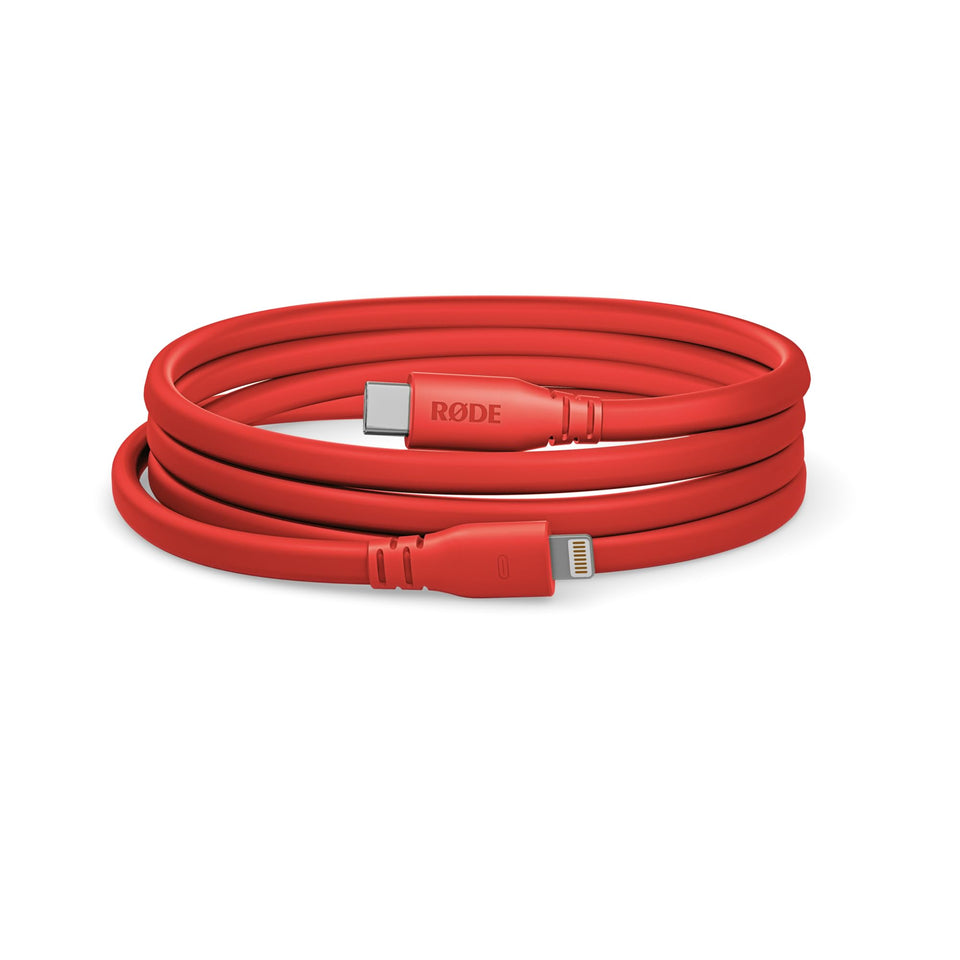Rode SC19 red USB-C to Lightning cable connects a mic to an iPhone for clean audio.
