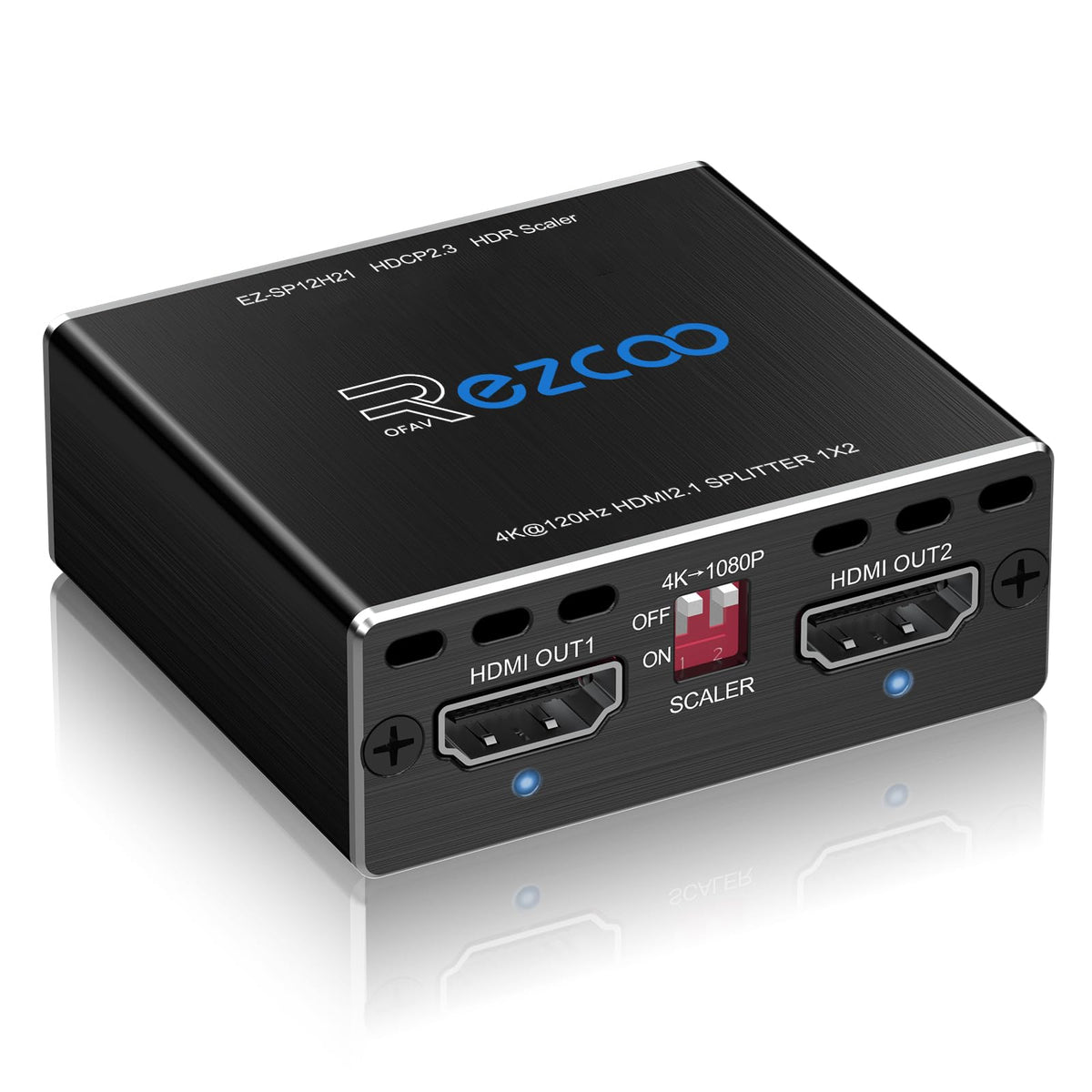 ROFAVEZCO front view of HDMI 2.1 splitter showing ports and compact build for reliable duplication