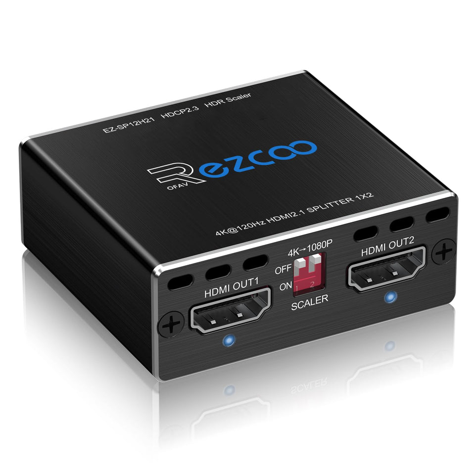 ROFAVEZCO front view of HDMI 2.1 splitter showing ports and compact build for reliable duplication