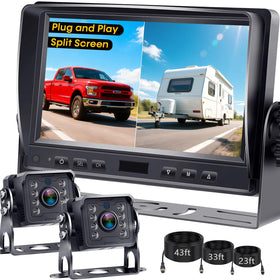 Rohent dual rv backup system with 7-inch monitor in split-screen view.