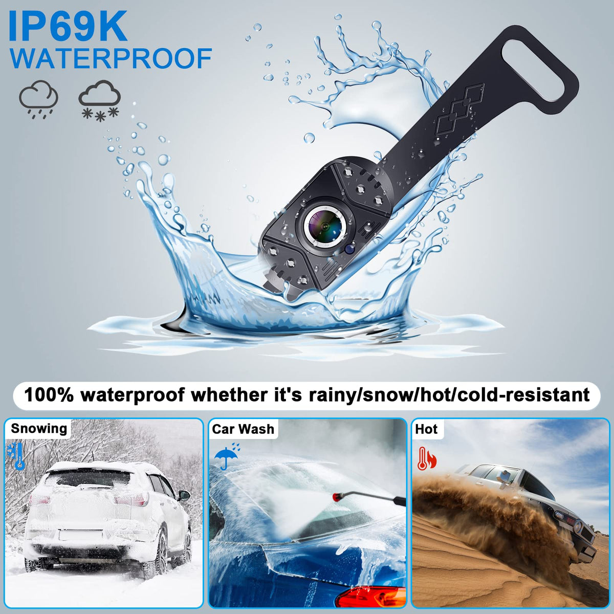 Rohent IP69K waterproof backup camera withstands rain and dust.