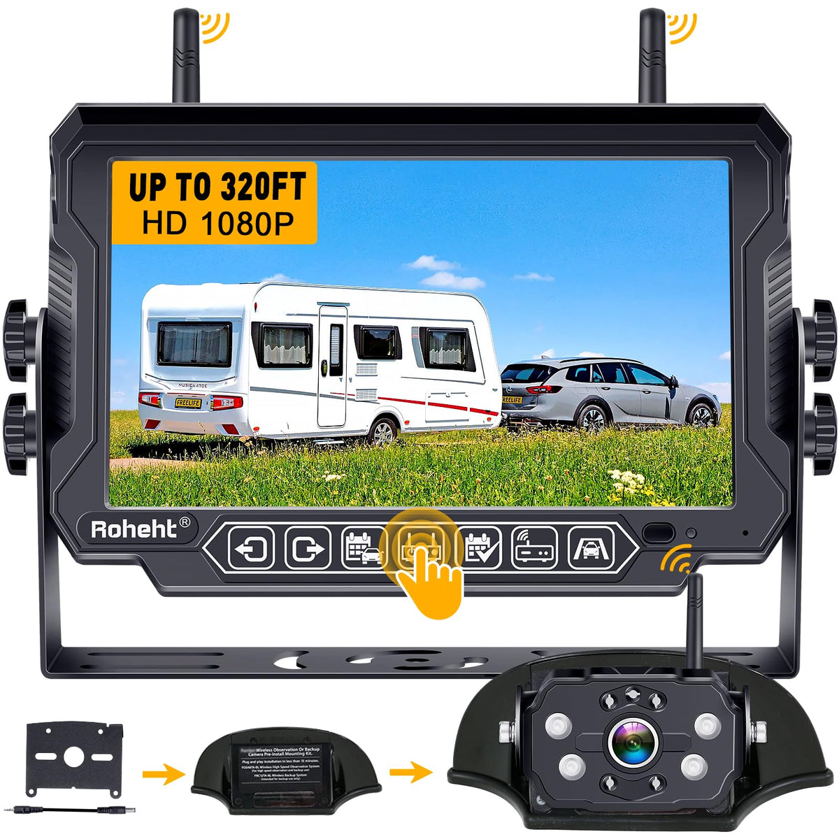 Rohent RV backup camera wireless 1080p with wide-angle lens for enhanced reversing visibility.