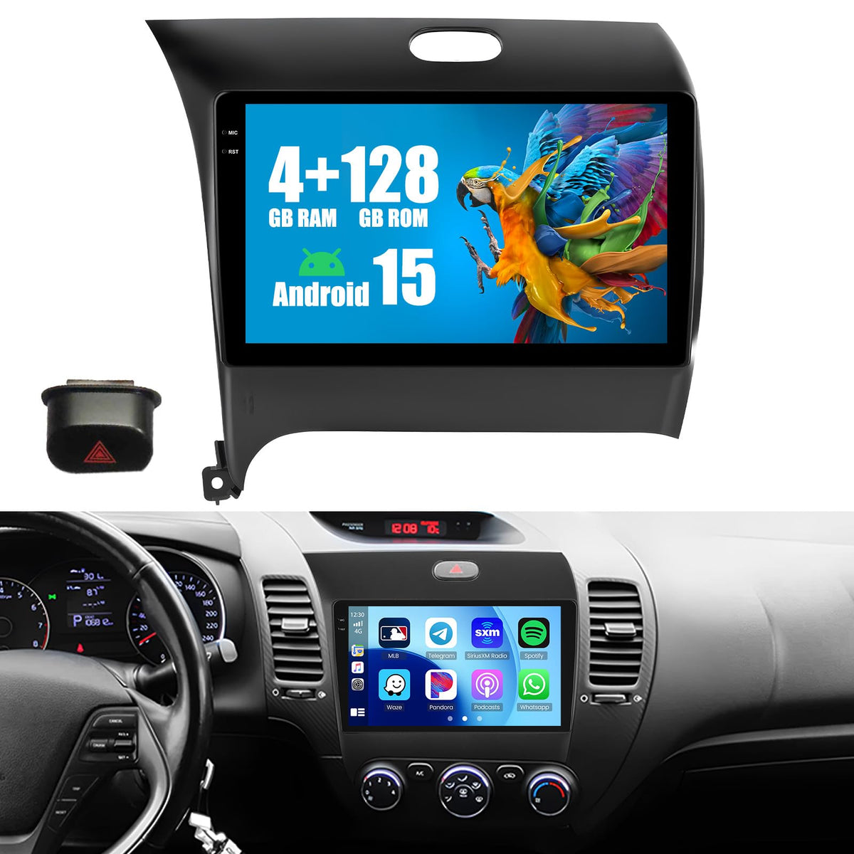 Roinvou 4+128G radio for Kia Forte Cerato, front view highlights the 9-inch touchscreen display