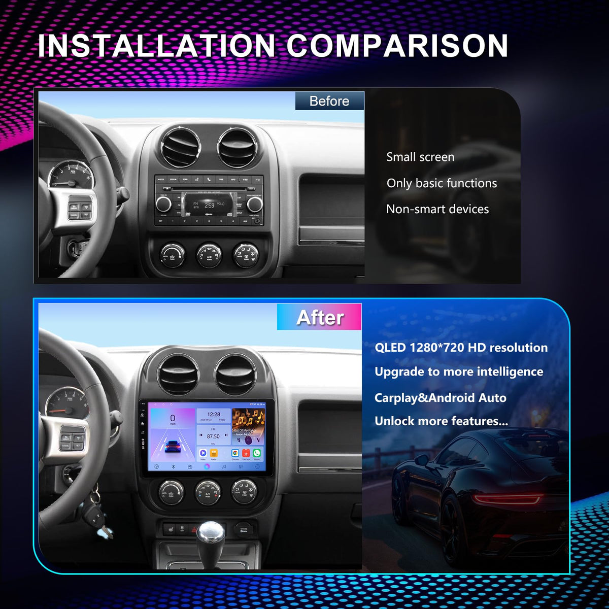 Rojokis Android 13 home screen on Jeep Compass Patriot for a personalized setup.