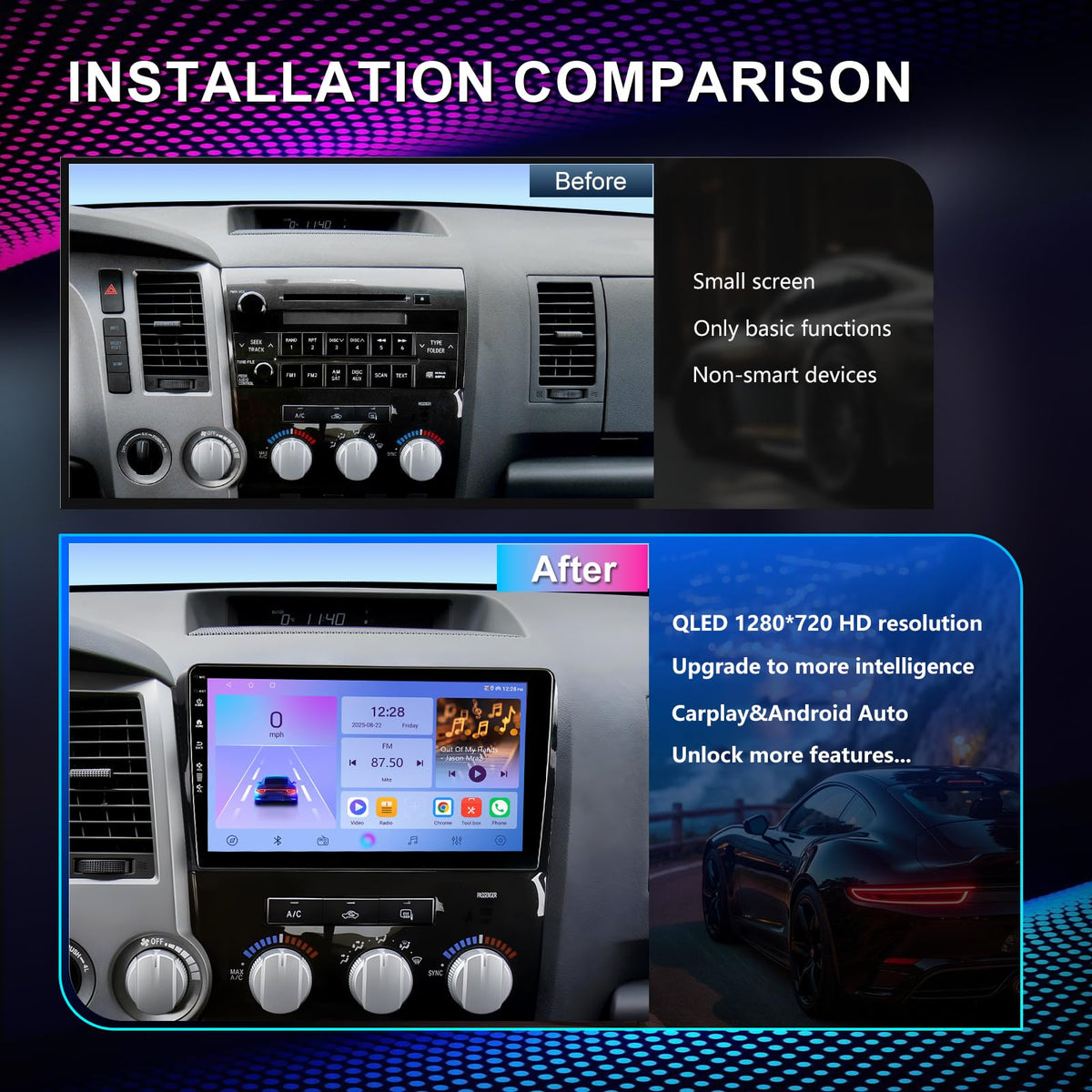 Rojokis wireless CarPlay and Android Auto integration for hands-free calls and apps.