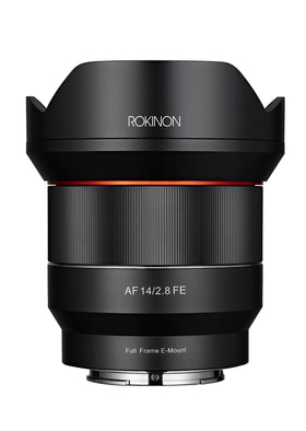 Rokinon AF 14mm F2.8 for Sony E - front angle view, ultra-wide landscape capabilities