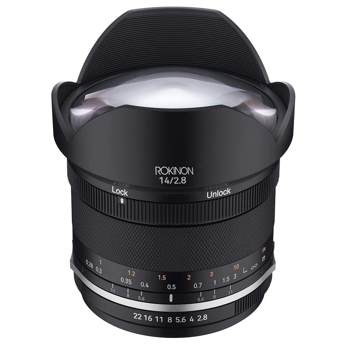 Rokinon Series II 14mm f/2.8 weather-sealed mount with built-in hood protection