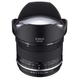 Rokinon Series II 14mm f/2.8 weather-sealed mount with built-in hood protection