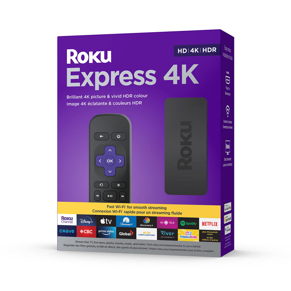 Roku Express 4K front view showing compact player and included HDMI cable with fast setup benefit