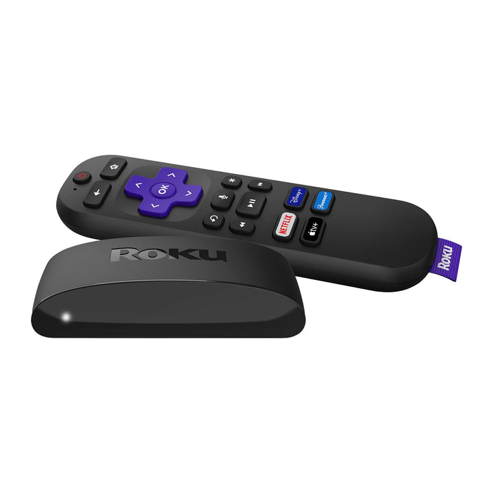 Roku Express 4K+ front view showing compact player and status light benefit fast setup