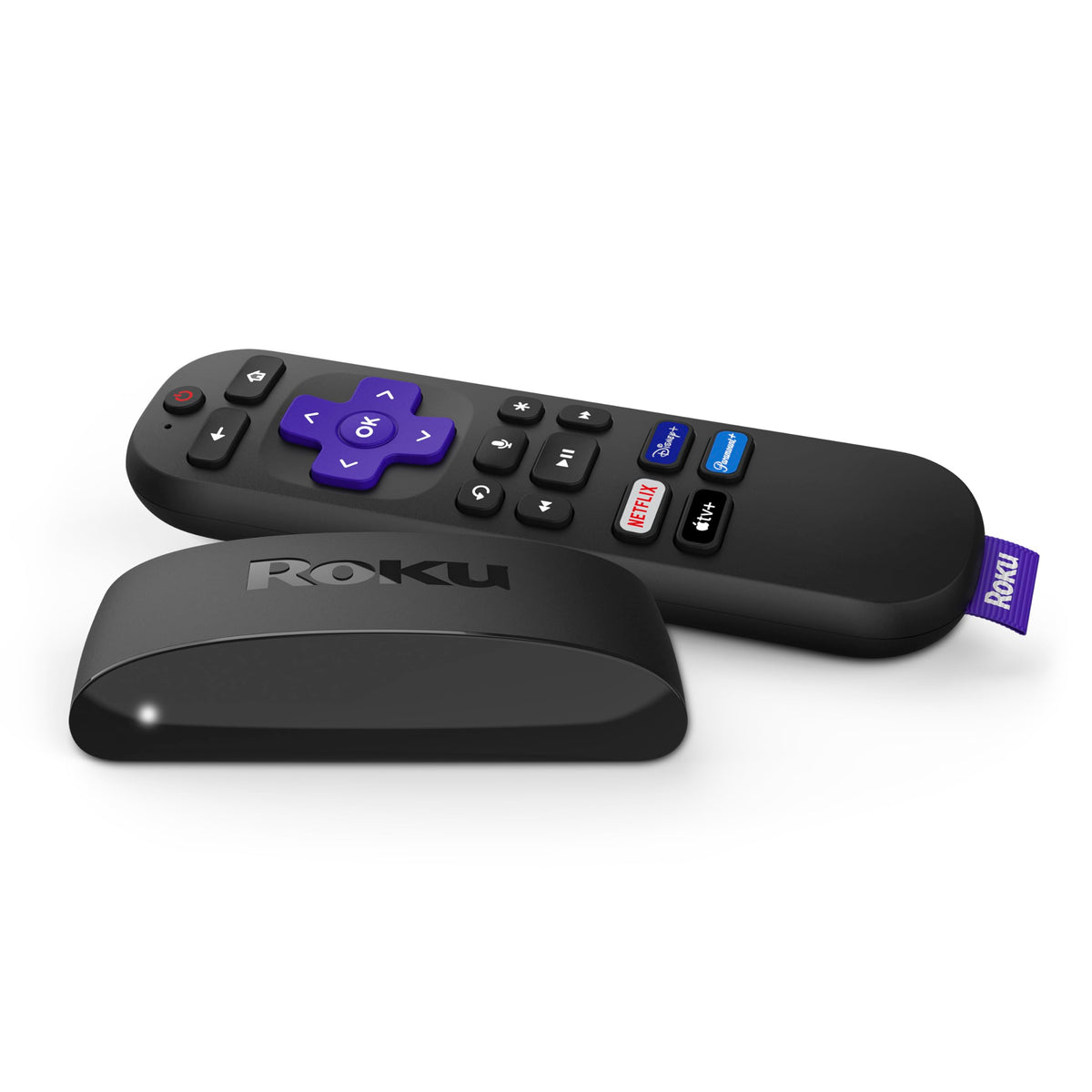 Roku Express 4K+ front packaging showing compact streamer and benefits