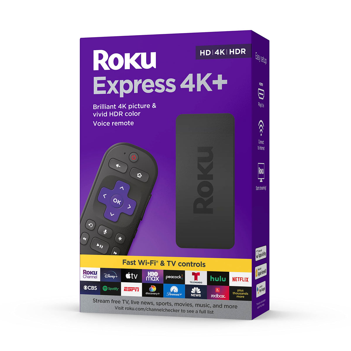 Roku home screen on TV showing customizable channels and free live TV