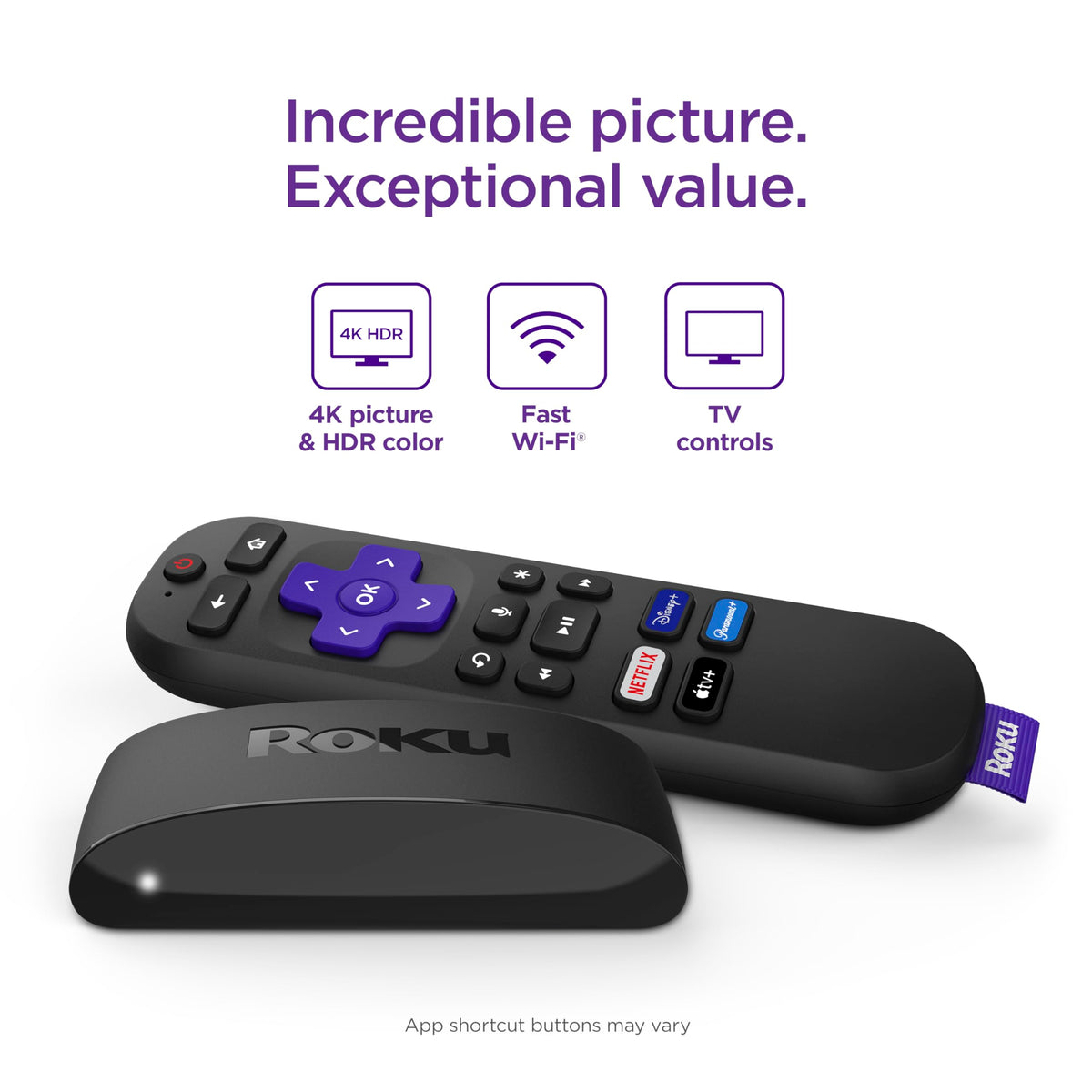 Roku voice remote closeup showing microphone button for fast voice control