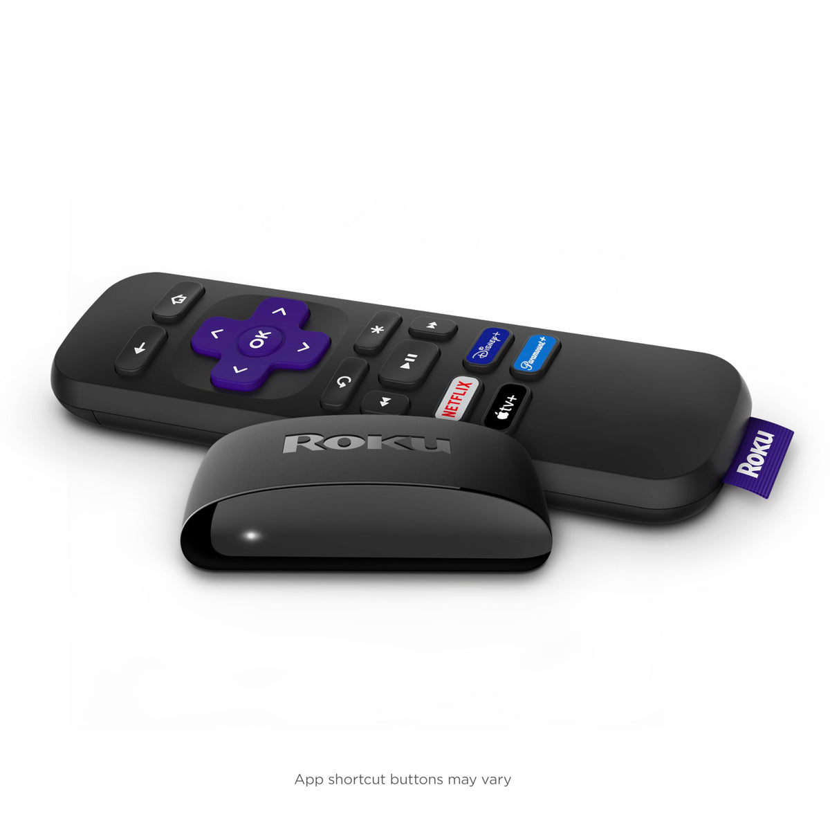 Roku front view renewed player beside HDMI cable showing compact setup ease