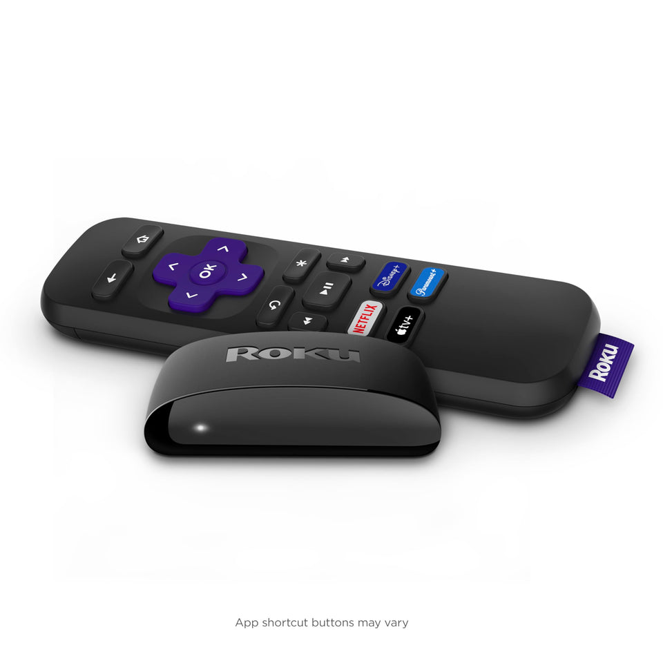 Roku front view renewed player beside HDMI cable showing compact setup ease