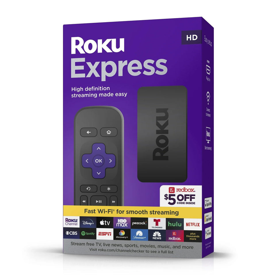 Roku Express front view showing compact design and logo for easy setup