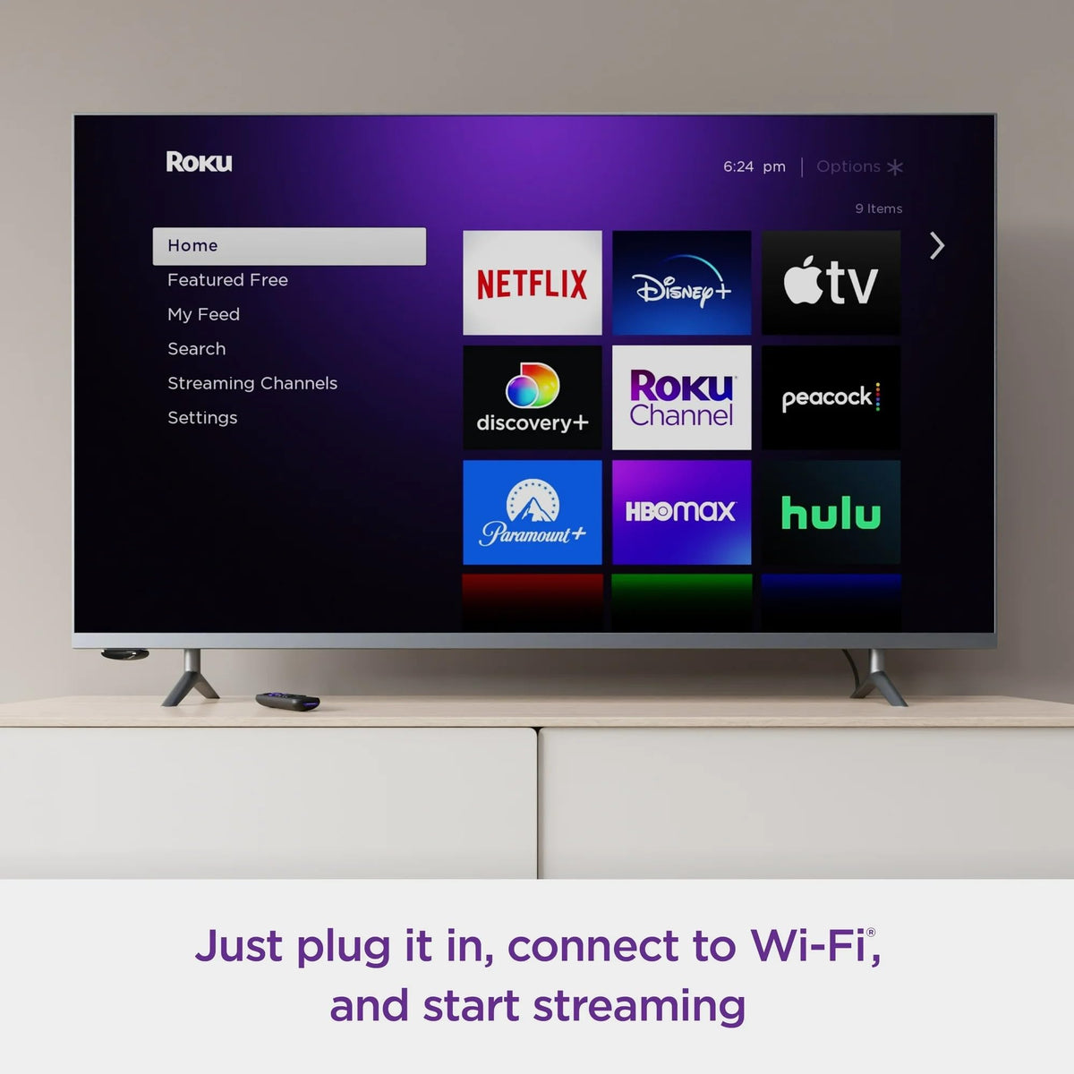 Roku home screen displayed on TV showcasing channels and discovery features