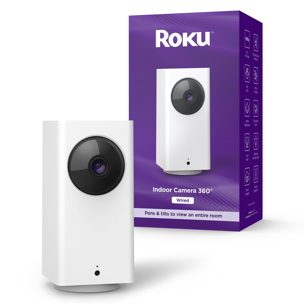 Roku indoor camera front view showing lens and compact design for full-room monitoring
