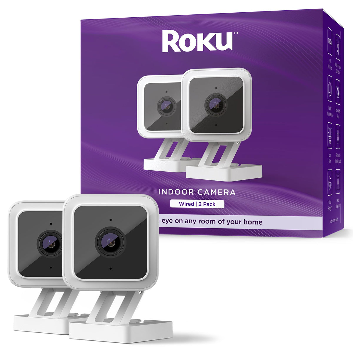 Roku indoor camera front view showing lens and casing for clear monitoring