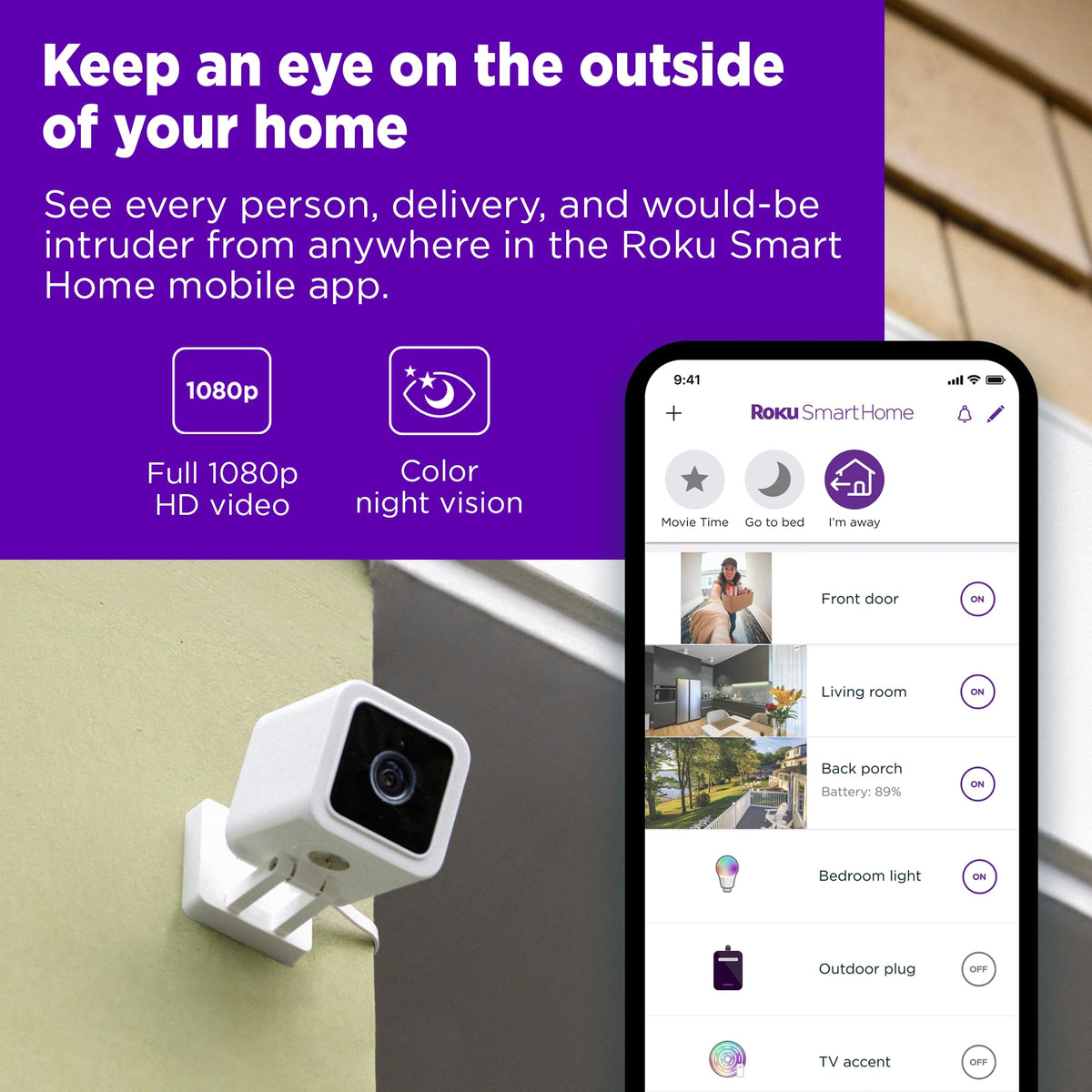 Roku Outdoor Camera 1080p night vision for clear after-dark surveillance.