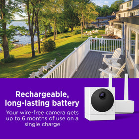 Roku camera with base station and battery displayed for simple setup and long runtime