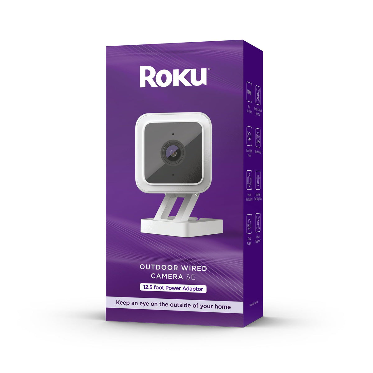 Roku outdoor camera front view showing lens and mount, delivers clear monitoring