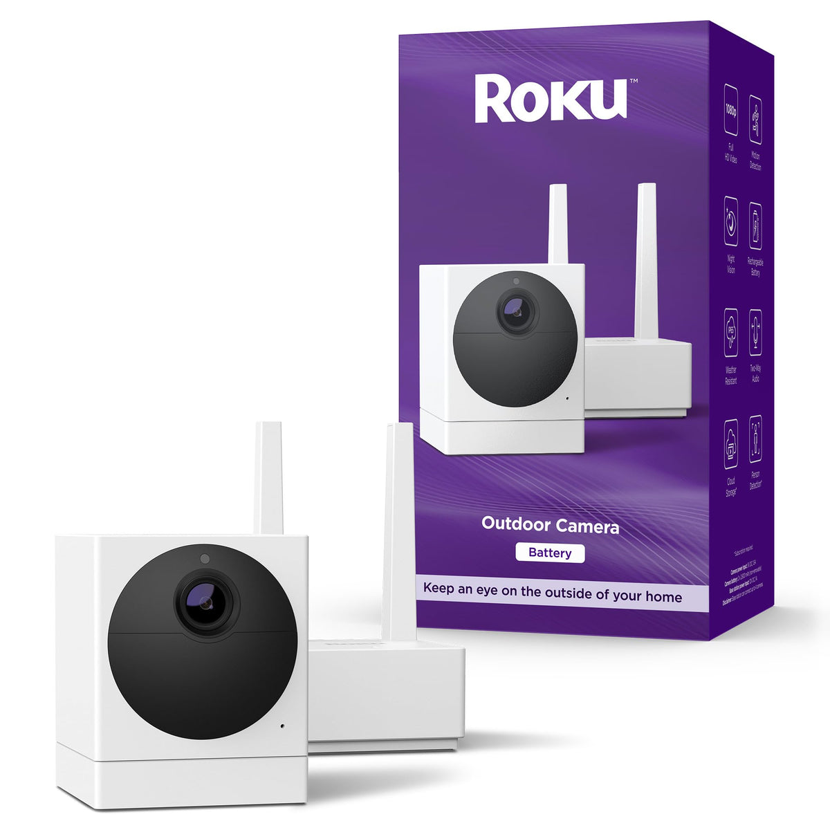 Roku outdoor camera front view showing lens and weatherproof housing for reliable monitoring