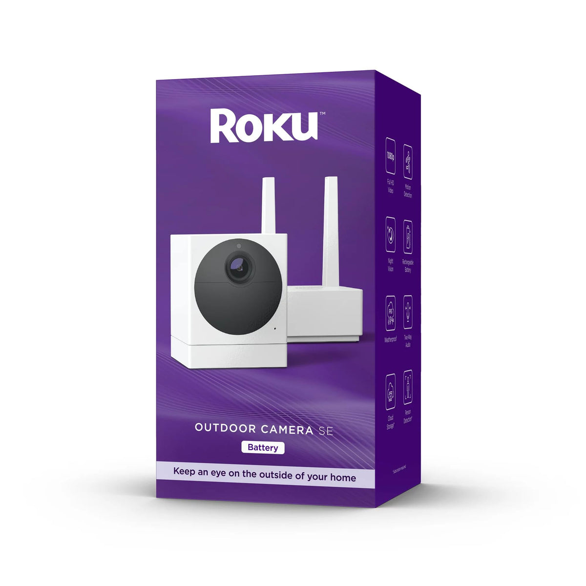 Roku outdoor camera se front view showing weatherproof body and clear monitoring benefit