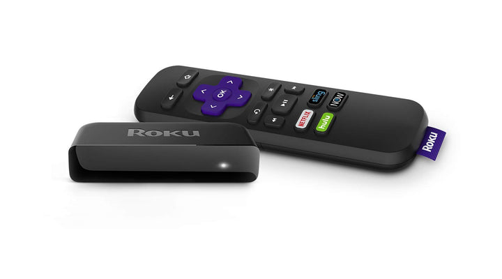 Roku Premiere front view showing sleek black player and logo, clear setup benefit