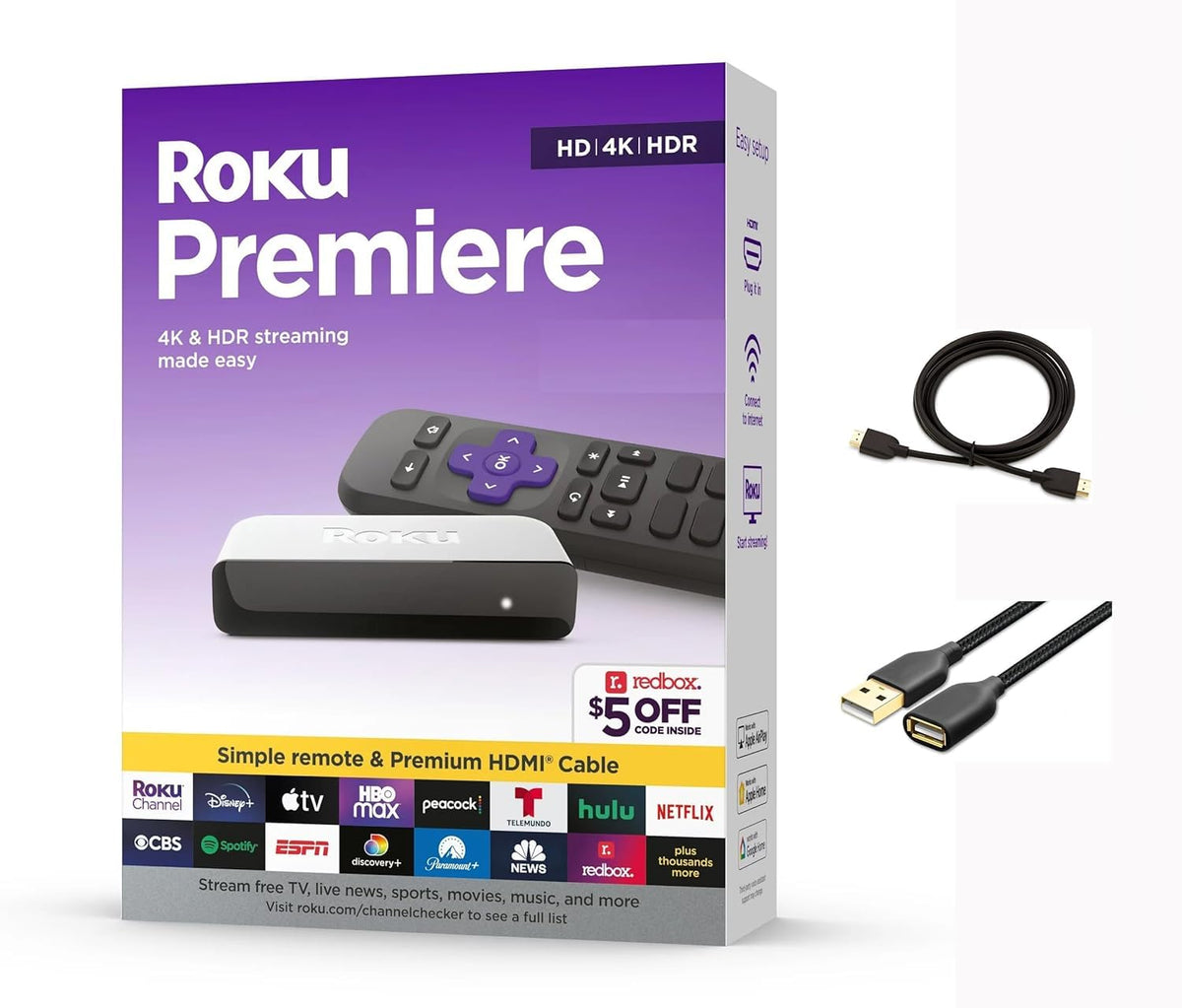 Roku Premiere front view showing compact player and logo for easy setup benefit