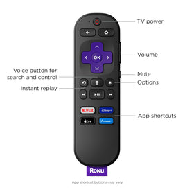 The Roku RCA1R remote with dedicated TV power and volume buttons simplifies control.