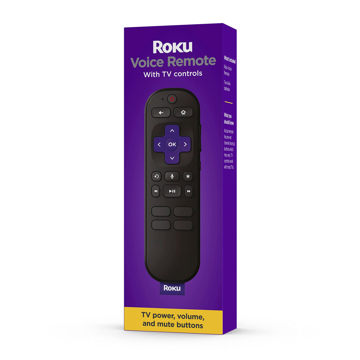 The Roku RCA1R voice remote front view highlights its ergonomic grip.