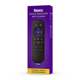 The Roku RCA1R voice remote front view highlights its ergonomic grip.