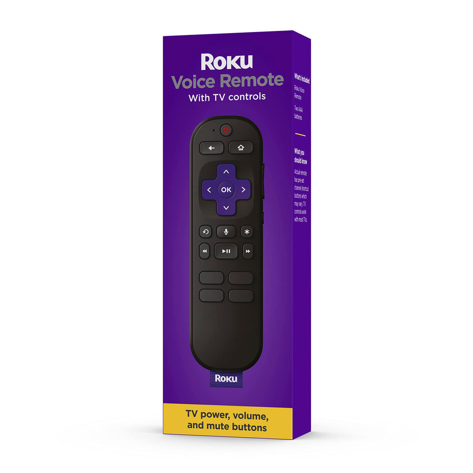The Roku RCA1R voice remote front view highlights its ergonomic grip.