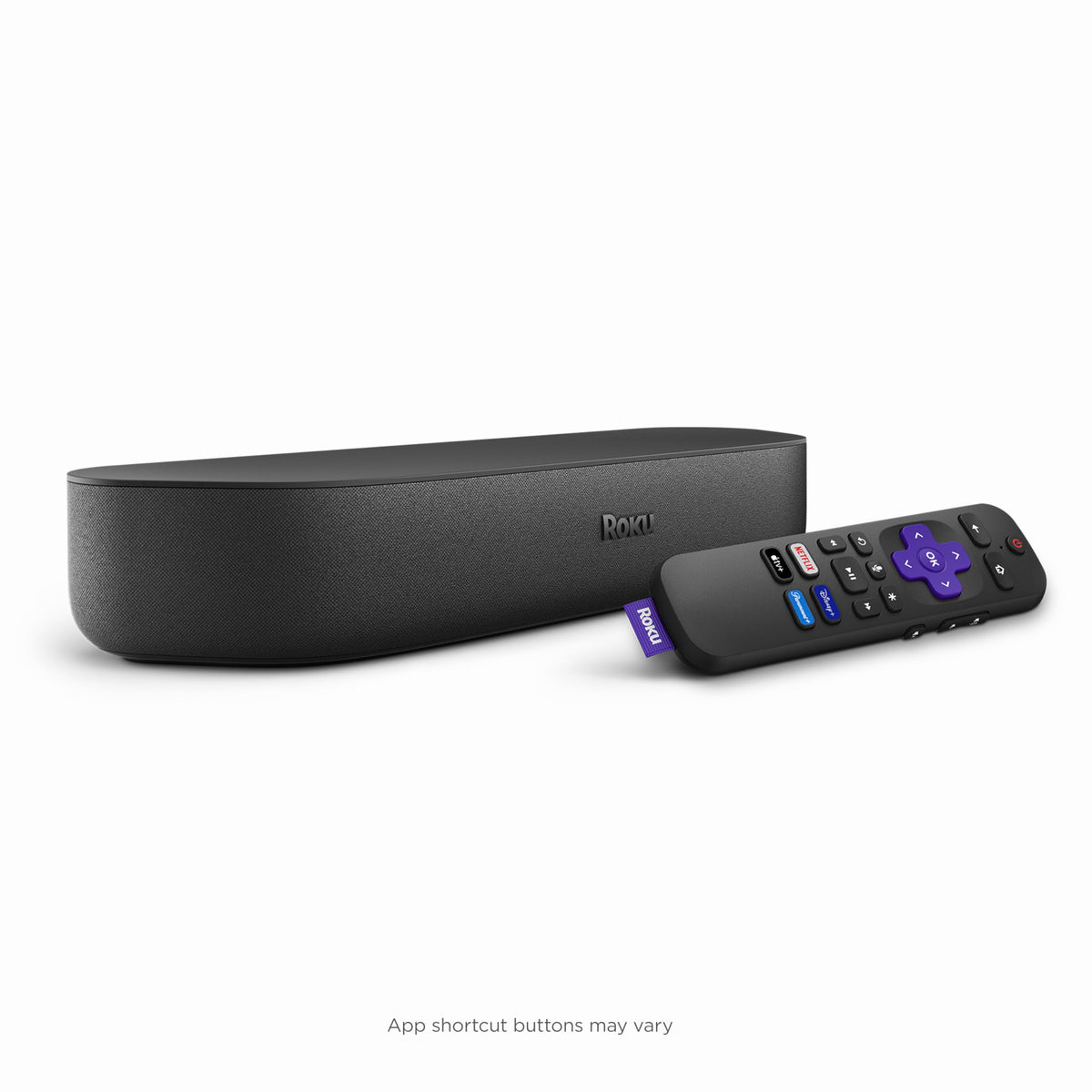 Roku Streambar renewed front view, compact all-in-one streaming with premium audio for enhanced TV sound