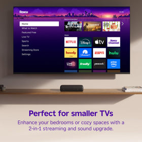Roku Streambar SE premium speakers and bass port for dynamic sound.