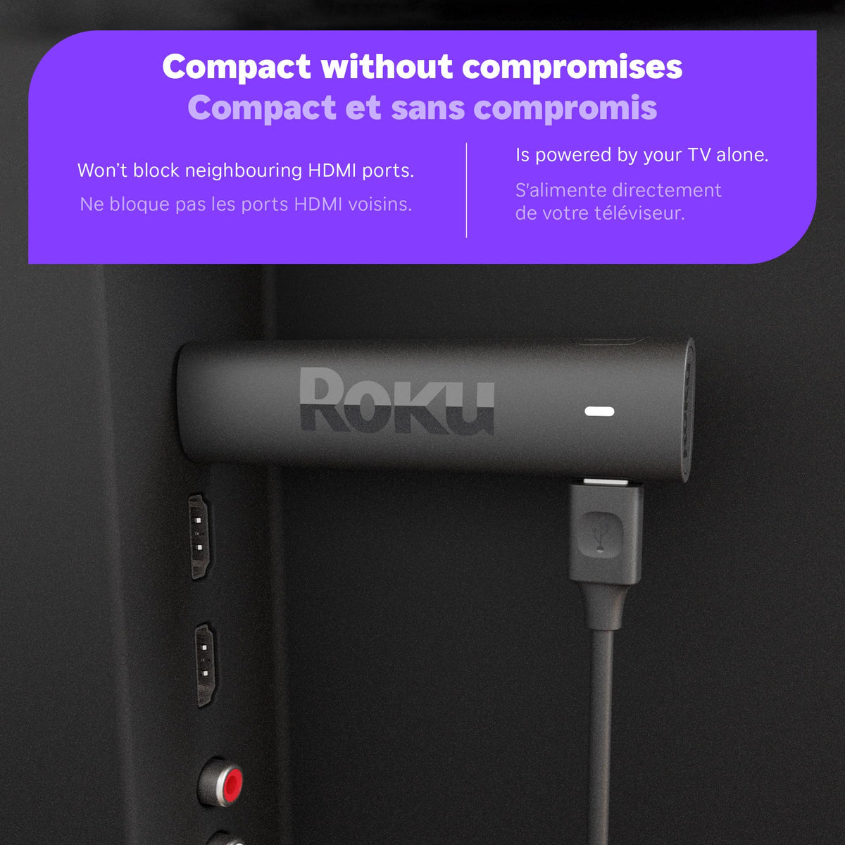 Roku Streaming Stick 4K with USB power cable highlighting simple plug and play