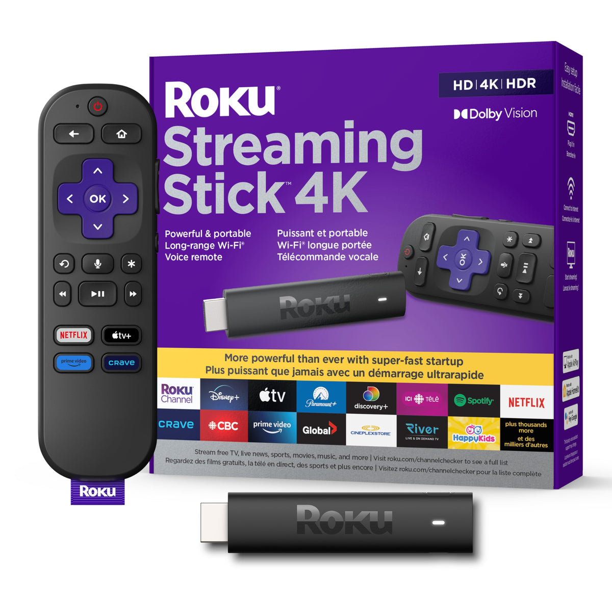Roku Streaming Stick 4K front view showing compact design and easy HDMI plug