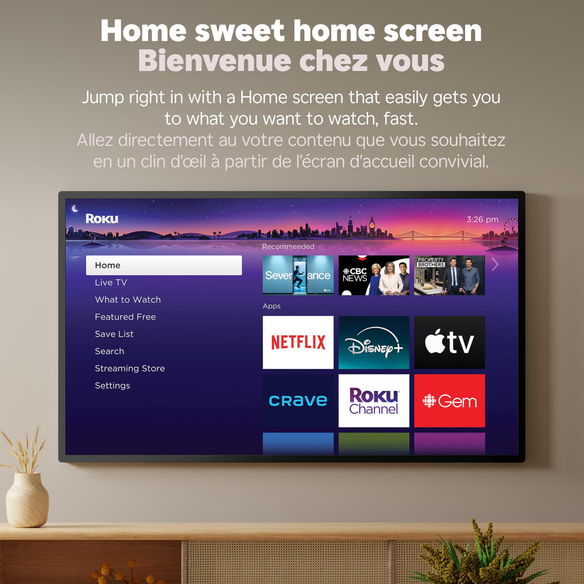 TV displaying Roku streaming interface showing app selection and quick navigation