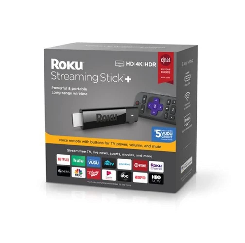 Roku Streaming Stick+ front view showing compact design and HDMI plug benefit quick installation