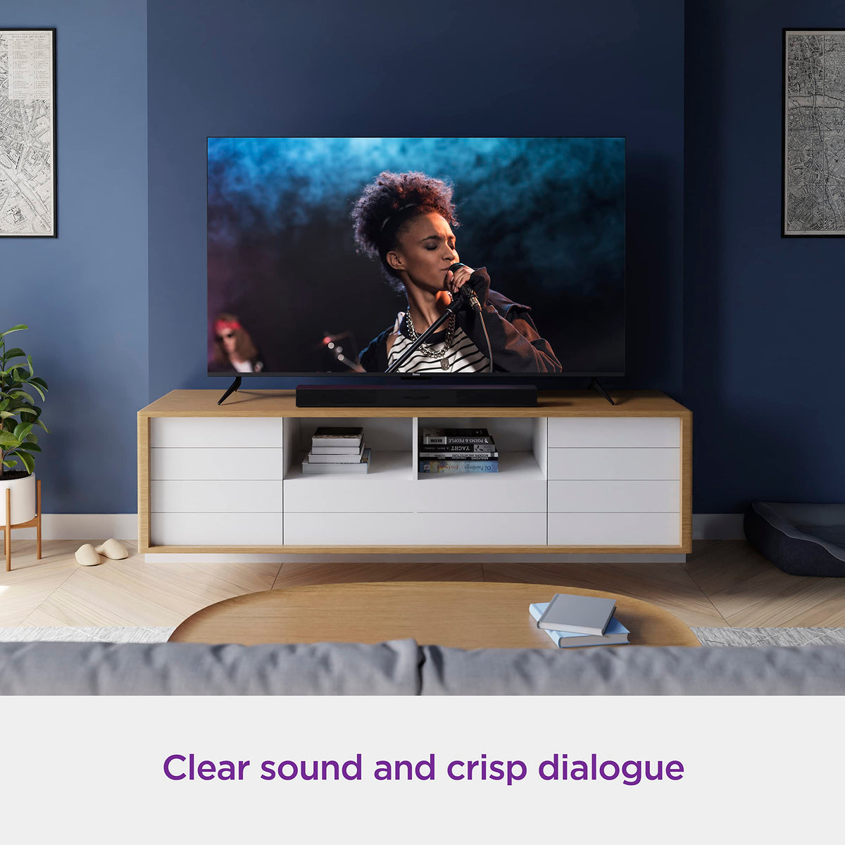 Roku TV Wireless Soundbar wall-mount-ready design saves space and angles listening.