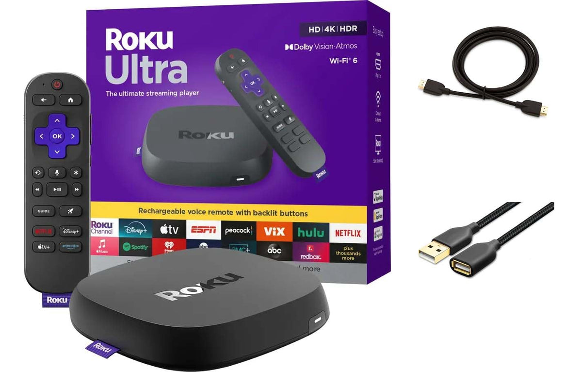 Roku Ultra 4K streaming device front view highlighting ultra-fast interface and HDR support.