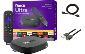 Roku Ultra 4K streaming device front view highlighting ultra-fast interface and HDR support.