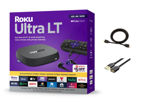 Roku Ultra LT front view showing compact player and LED for easy placement