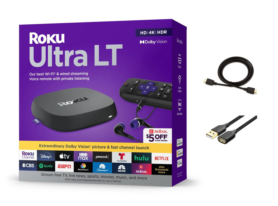 Roku Ultra LT front view showing compact player and LED for easy placement
